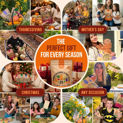 Collage of gift occasions featuring Summer Vegetable And Fruit Seed Variety Pack With 1,875 Non GMO Heirloom Seeds.
