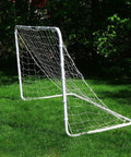 Outdoor goal with 4 Foot By 6 Foot Replacement Soccer Net With Self Sticking Straps for backyard practice and rebounds, side view.