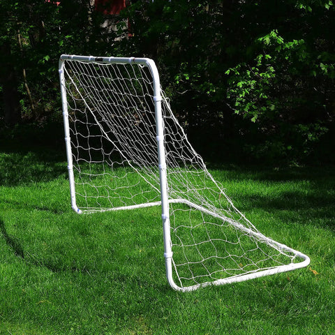 Outdoor goal with 4 Foot By 6 Foot Replacement Soccer Net With Self Sticking Straps for backyard practice and rebounds, side view.