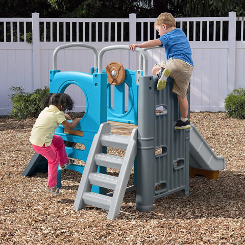 Vintage Style Outdoor Kids Playset With Climber And Slide For Backyard Adventures Featuring A Climbing Wall and Steering Wheel