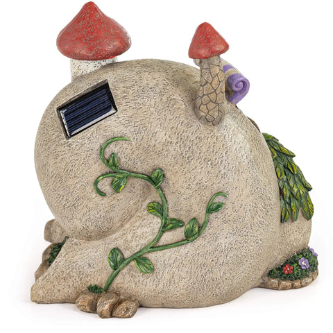 Snail Shell Fairy Cottage Solar Powered LED Light for Outdoor Decor with vine and mushroom details, side view
