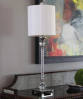 Camilla Steel And Acrylic Twist Buffet Lamp In Chrome And Clear Finish With Silver Faux Silk Shade on a console table