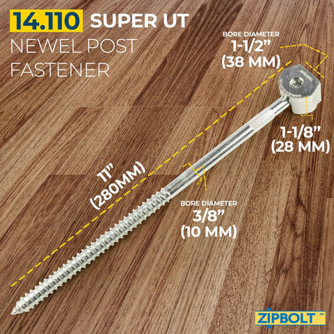 14.110 Super UT Newel Post Fastener for staircases with measurements on wood floor, showing gear-drive anchor dimensions for new construction or renovations.