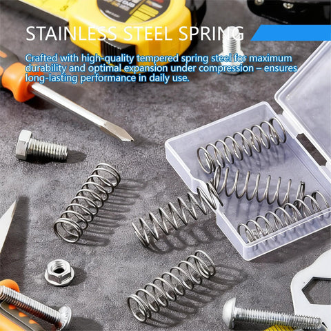 Front view of five-pack stainless steel compression springs, 0.5mm wire x 5mm OD x 25mm long, in plastic case