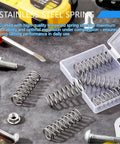 5 Pack Heavy Duty Compression Springs Stainless Steel Set for Tools and Auto Repair displayed with case