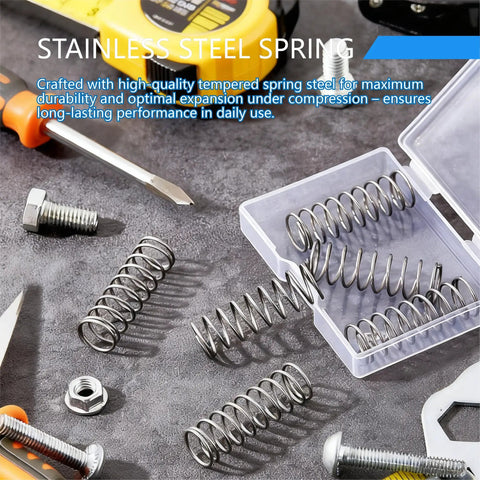 5 Pack Heavy Duty Compression Springs Stainless Steel Set for Tools and Auto Repair displayed with case