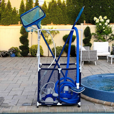 Big Pool Gear Organizer With Towel Bars And Mesh Rolling Bin, Extra Large Outdoor Pool Storage With Towel Hanger