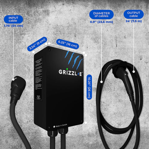 Beefy Level 2 EV Charger With WiFi Smart Connect for indoor outdoor use, showing input cable, dimensions, and 24-foot cable.