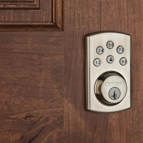Powerbolt 907 Keyless Entry Deadbolt Electronic Door Lock with 6 Button Keypad on wooden door in satin nickel finish