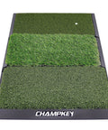 Tri Turf Golf Hitting Mat With Heavy Duty Rubber Backing For Indoor Or Outdoor Practice featuring three types of turf.
