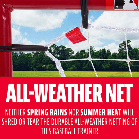 Close-up of MLB Flyback Pitch Back Net For Baseball Training With Multi Position Return 65 By 44 Inches All Weather Durable Rebound Net