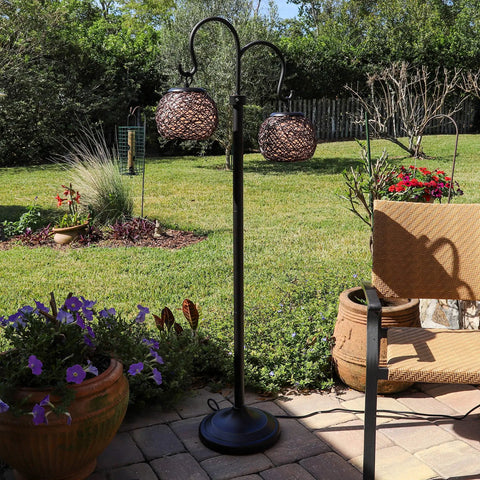 Castillo Outdoor Floor Lamp With Oil Rubbed Bronze Highlight Finish, Rustic Vibe Backyard Lighting, dual rattan shades