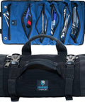 Heavy Duty Tool Roll For Pros With Ultra Durable Water Resistant And Grease Resistant Fabric Reinforced Seams And Massive Interior Storage For Wrenches Pliers And Bits Plus A Quick Grab Pocket For Fast On The Job Access, shown open with tools and closed view.