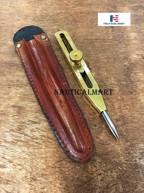 Artist Proportional Divider Brass 9 Inch Drawing Tool with Leather Case on wooden surface