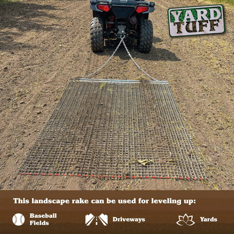 ATV towing Ultra Heavy Duty ATV UTV Field Surface Leveling Drag Mat with zinc and steel build on dirt field.