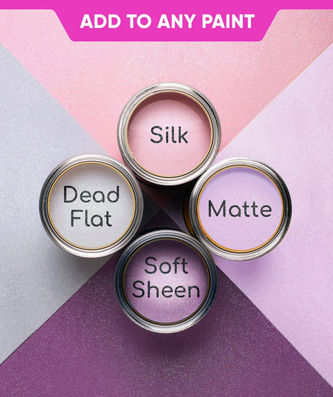 Four paint finishes labeled Silk, Matte, Soft Sheen, and Dead Flat with Glitter Paint Additive 5.3oz with 2 Buffing Pads in holographic setup