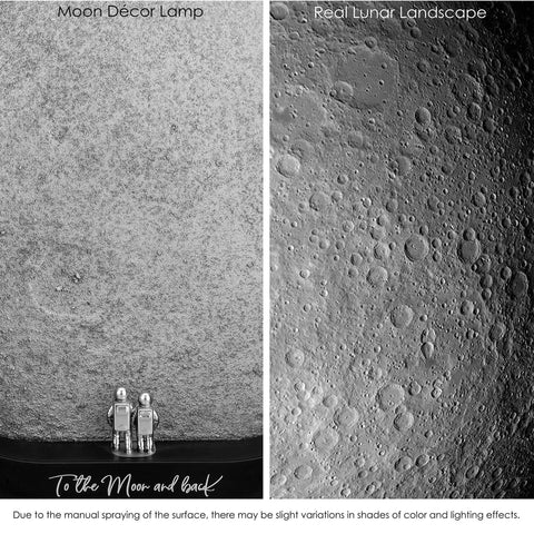 Moon Decor Lamp With Lunar Landscape Scene, Touch Dimmer In 3 Color Modes, with spaceman and spacewoman figurines compared to real moon