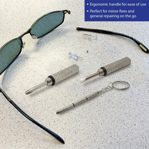 Tiny Precision Screwdriver Set For Eyeglasses, Watches, Phones And Jewelry with flat and Phillips bits, shown with sunglasses on a table.