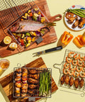 Grill Basket Set For Barbecue Lovers, Stainless Steel Folding Portable Outdoor Camp Rack with fish and veggies grilling.