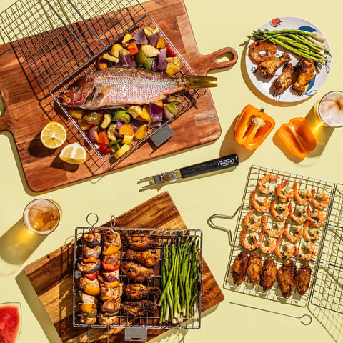 Grill Basket Set For Barbecue Lovers, Stainless Steel Folding Portable Outdoor Camp Rack with fish and veggies grilling.