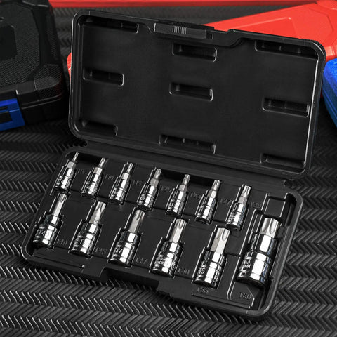 Torx Bit Socket Set 1/4 Inch And 3/8 Inch Drive With T8 To T60 Star Sizes In Chrome Vanadium Steel, 13 Pieces in open case