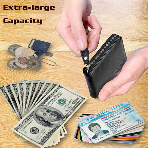 Men's Zipper Leather Bifold Wallet With RFID Blocking Slim Zip Around Card Holder Compact Yet Roomy Leather Wallet For Credit Cards And Cash Genuine Leather Durable Three Side Zipper Black with cash, cards, and coins