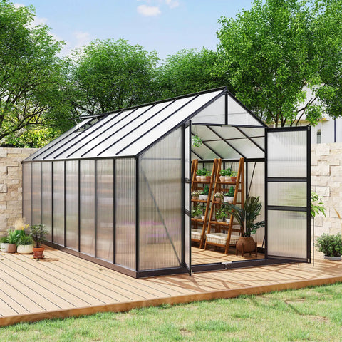 Walk-In Outdoor Greenhouse Kit With Built-To-Last Aluminum Frame And 4mm Twin-Wall Polycarbonate Panels, 8 By 16 Foot in backyard