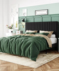 Queen Size Bed Frame With Plush Velvet Upholstery And Channel Tufted Headboard Boasting Solid Wooden Slats For No Sweat Mattress Support Big Time Comfort in a modern bedroom setting.