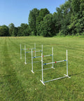Portable Four Jump Dog Agility Set With Adjustable Bars And Cups, 36 Inch Wide Jumps, Height Range 4 To 32 Inches on grass field