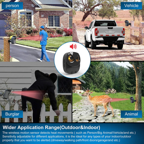 Half Mile Range Wireless Driveway Alarm Kit With Weather Resistant Motion Sensors covers people, vehicles, animals in various settings.