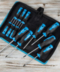 Magnetic Torx Screwdriver Set With 12 Pieces T5 Through T40 6 Point Star Heads in Carrying Pouch on Wooden Surface