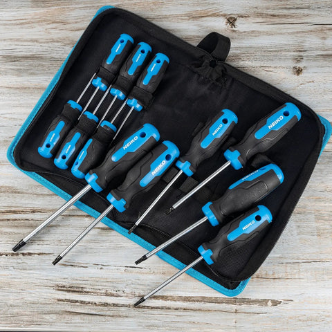 Magnetic Torx Screwdriver Set With 12 Pieces T5 Through T40 6 Point Star Heads in Carrying Pouch on Wooden Surface
