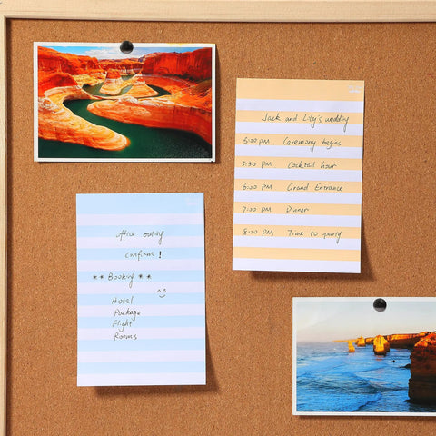 Lined Sticky Notes 4x6 Inch, 6 Pads With 45 Sheets Each on corkboard with notes and photos, neat writing with horizontal lines.