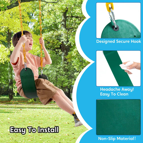 Child on swing with 3 Pack Green Swing Seats Heavy Duty 66 Inch Chains Replacement Swing Set Accessories With Snap Hooks