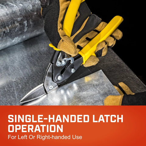 Person using 9.8 Inch Offset Straight Aviation Snips M8OS With Beefy Construction to cut sheet metal