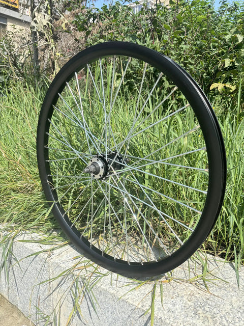 26 Inch Rear Wheel Double Wall Aluminum Beefy Heavy Duty 10G 36 Spokes For MTB Road Cruiser Disc Brake Hub 180mm Sealed Axle 135mm Dropout 22.44 Inch Rim displayed against greenery