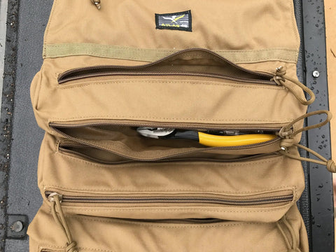 Dual Zip Tool Roll Pouch With Large Pockets For Hand Tools, Screwdrivers, And Pliers, dual zippers open showing a tool inside.