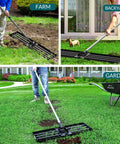 Beefy Lawn Leveling Rake With 7ft Steel Handle in use on farm, backyard, and garden; welded steel, 30x10 heavy duty for topdressing soil.