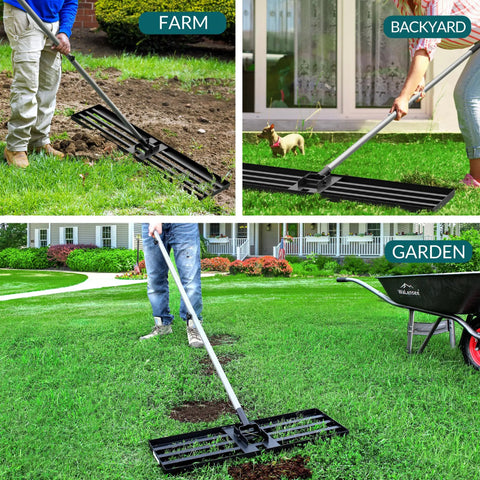 Beefy Lawn Leveling Rake With 7ft Steel Handle in use on farm, backyard, and garden; welded steel, 30x10 heavy duty for topdressing soil.