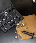 14 Piece Hollow Hole Punch Kit For Gaskets, Leather And Foam, SAE And Metric Sizes displayed with black case and tools on surface