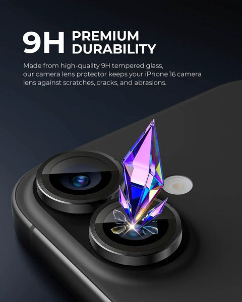 Rugged Camera Lens Protector For iPhone 17 16 And 16 Plus With 9H Tempered Glass And Aluminum Frame showcasing crystal clear strength.
