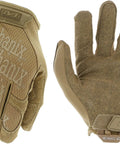 Original Tactical Glove With High Performance Anti Slip Grip For Real World Job Sites And Touchscreen Ready Safety Gear Impact Resistant Protection Medium Fit In Coyote Brown All Day Comfort And Flexible Cuff, showcased front and back left-hand view, with visible Mechanix branding.