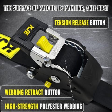 Close-up of Retractable Ratchet Straps 4 Pack 2 Inch By 10 Foot Heavy Duty Tie Downs with black and yellow tension release button