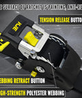 Retractable Ratchet Straps Set 2 Pack 2 Inch By 10 Foot Automatic Tie Down Straps With 2 Soft Loops, tension release button detail.