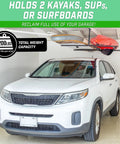 Garage Ceiling Kayak Rack With Adjustable Hangers For Two Kayaks SUPs And Surfboards Space Saving Ceiling Storage Solution Up To 200 Lb Total Capacity installed in garage over car
