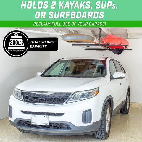 Garage Ceiling Kayak Rack With Adjustable Hangers For Two Kayaks SUPs And Surfboards Space Saving Ceiling Storage Solution Up To 200 Lb Total Capacity installed in garage over car