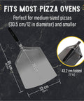 Image showing Extra Large Stainless Steel Pizza Peel with measurements, featuring the foldable handle and dimensions.