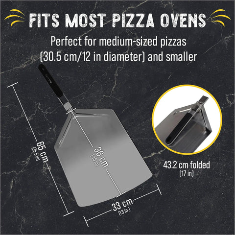 Image showing Extra Large Stainless Steel Pizza Peel with measurements, featuring the foldable handle and dimensions.