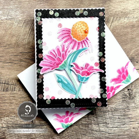 Decorative card using 24 Piece Nesting Frame Die Cut Set With Scalloped Borders For Card Making and Paper Crafting.