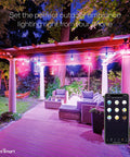 Colorful glow from WiFi Enabled Color Changing Outdoor String Lights 48Ft 24 Shatterproof Bulbs over a patio with app control.